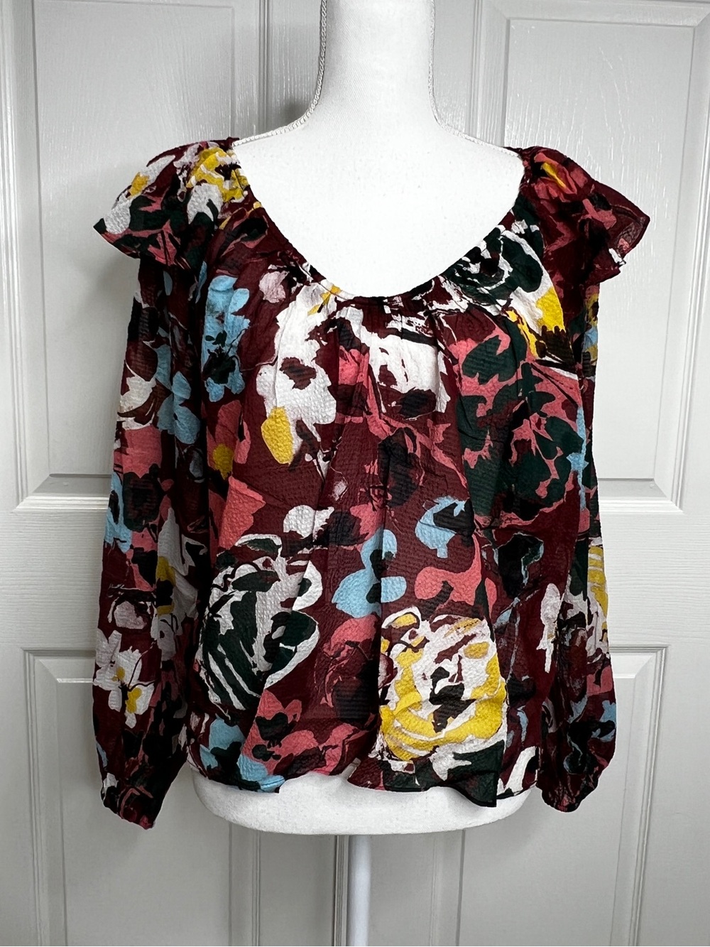 Tanya Taylor Kayla Long-Sleeve Crinkled Floral Top Silk Blend Size S